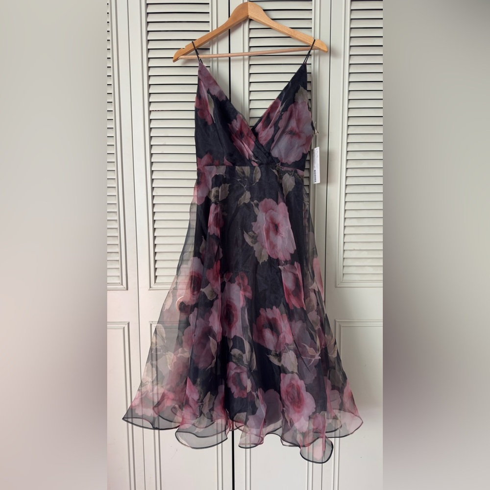 Jenny Yoo One-Shoulder Black Dress with Pink Floral Overlay